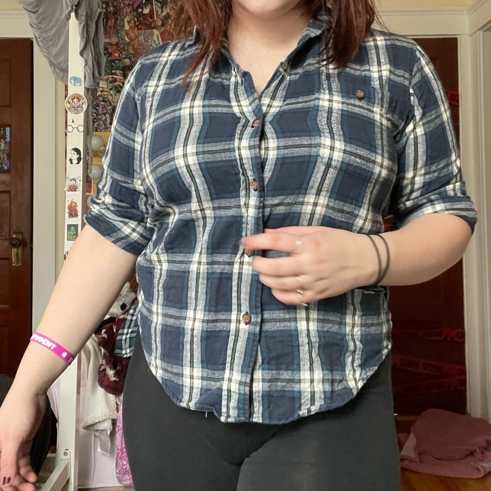 Blue and white plaid button up